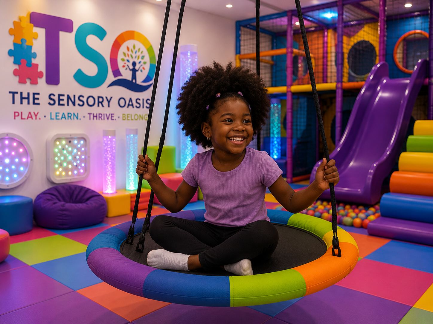 A young girl with curly hair smiling while sitting on a colorful circular swing in an indoor play area with bright neon lights and a ball pit in the background.
