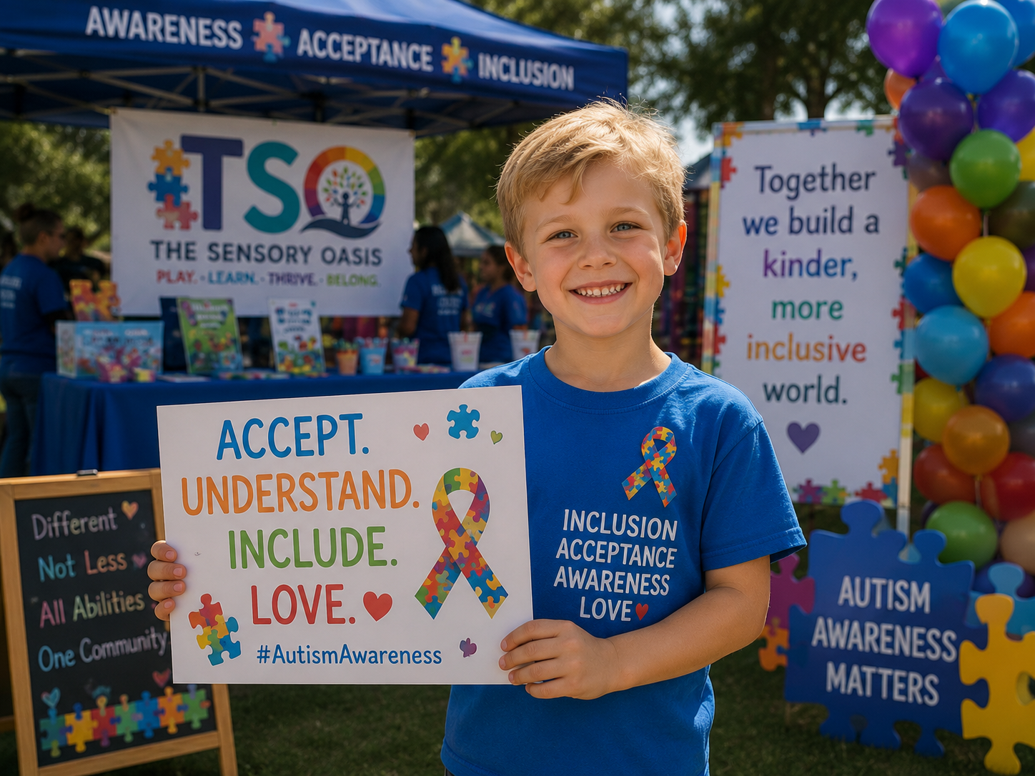 A smiling young boy holding a sign that reads, 'Accept. Understand. Include. Love.' during an autism awareness event. He is wearing a blue T-shirt with an autism awareness ribbon and the words 'Inclusion, Acceptance, Awareness, Love.' In the background, there are banners and a booth with more autism awareness messages, colorful balloons, and other people.