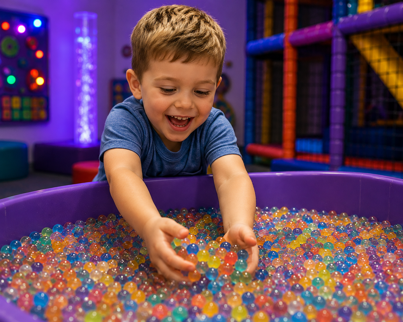 A young boy in a blue shirt playing in a large purple ball pit filled with colorful small plastic balls, smiling and reaching into the balls in an indoor play area with bright, colorful padded structures and lights in the background.
