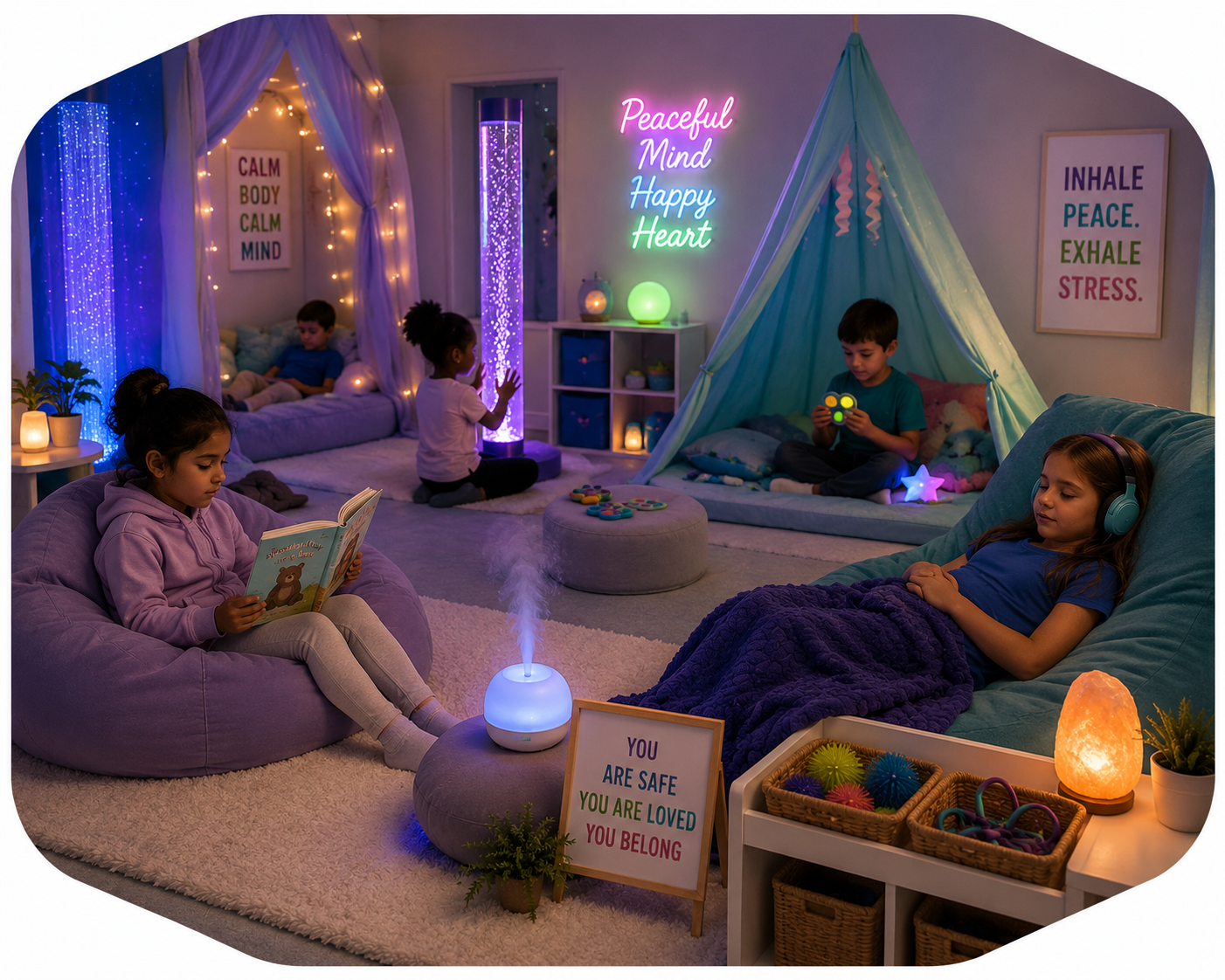 A cozy room with five children engaging in calming activities such as reading, playing with toys, and listening to music. The room is decorated with string lights, glowing lamps, and neon signs with calming words. There is a sign with positive affirmations on the floor, and a teepee tent and a small bed for relaxation. The overall ambiance is calm and soothing, designed for relaxation or mindfulness.