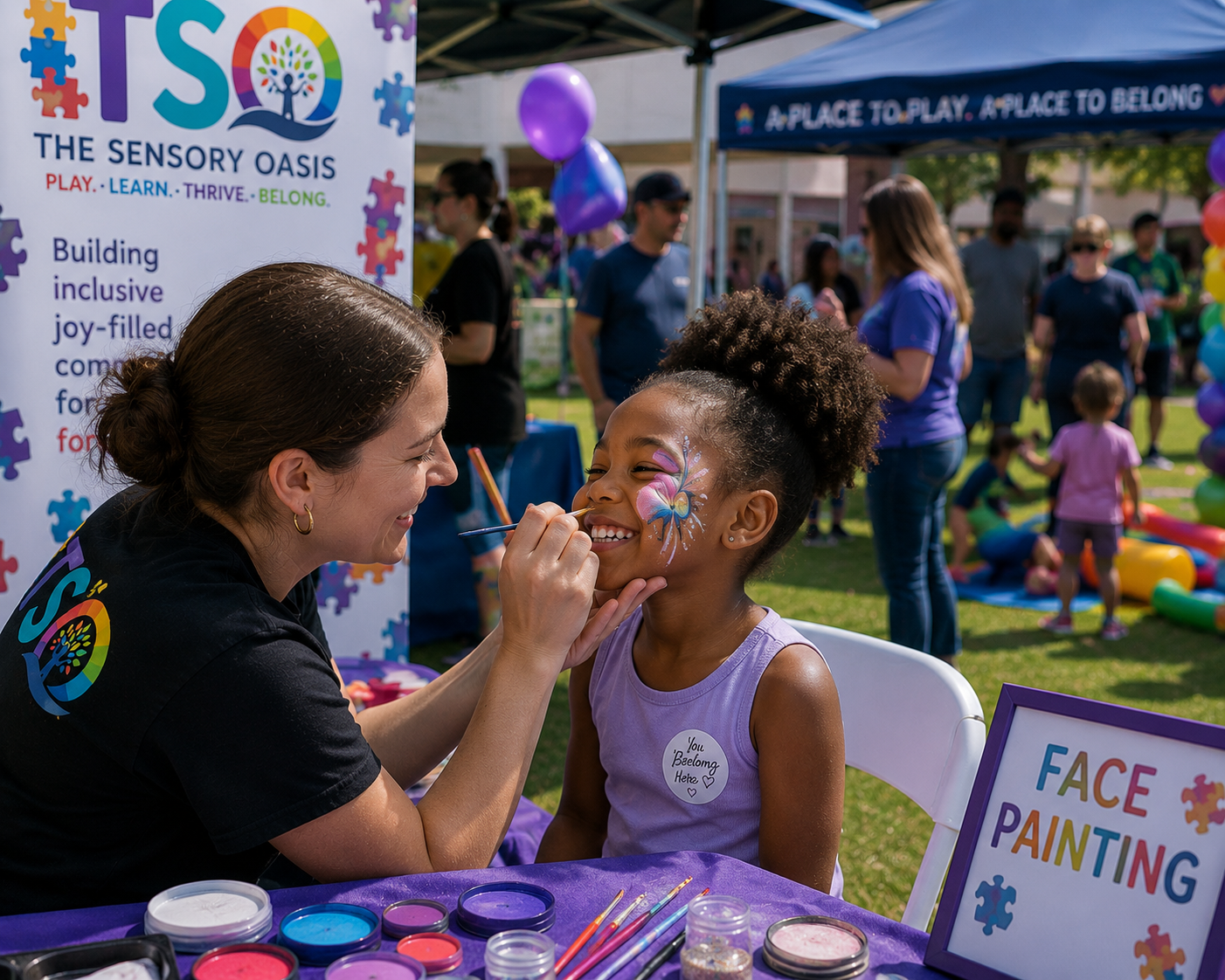 A young girl with face paint of a colorful flower smiling as a woman paints her face at an outdoor event with colorful decorations and people in the background.