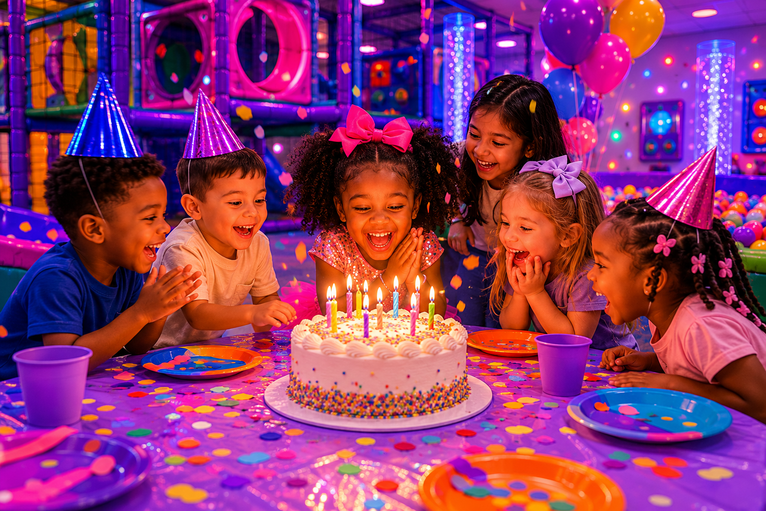 Children celebrating a birthday party with a cake and candles at an indoor play area, wearing party hats and colorful decorations.