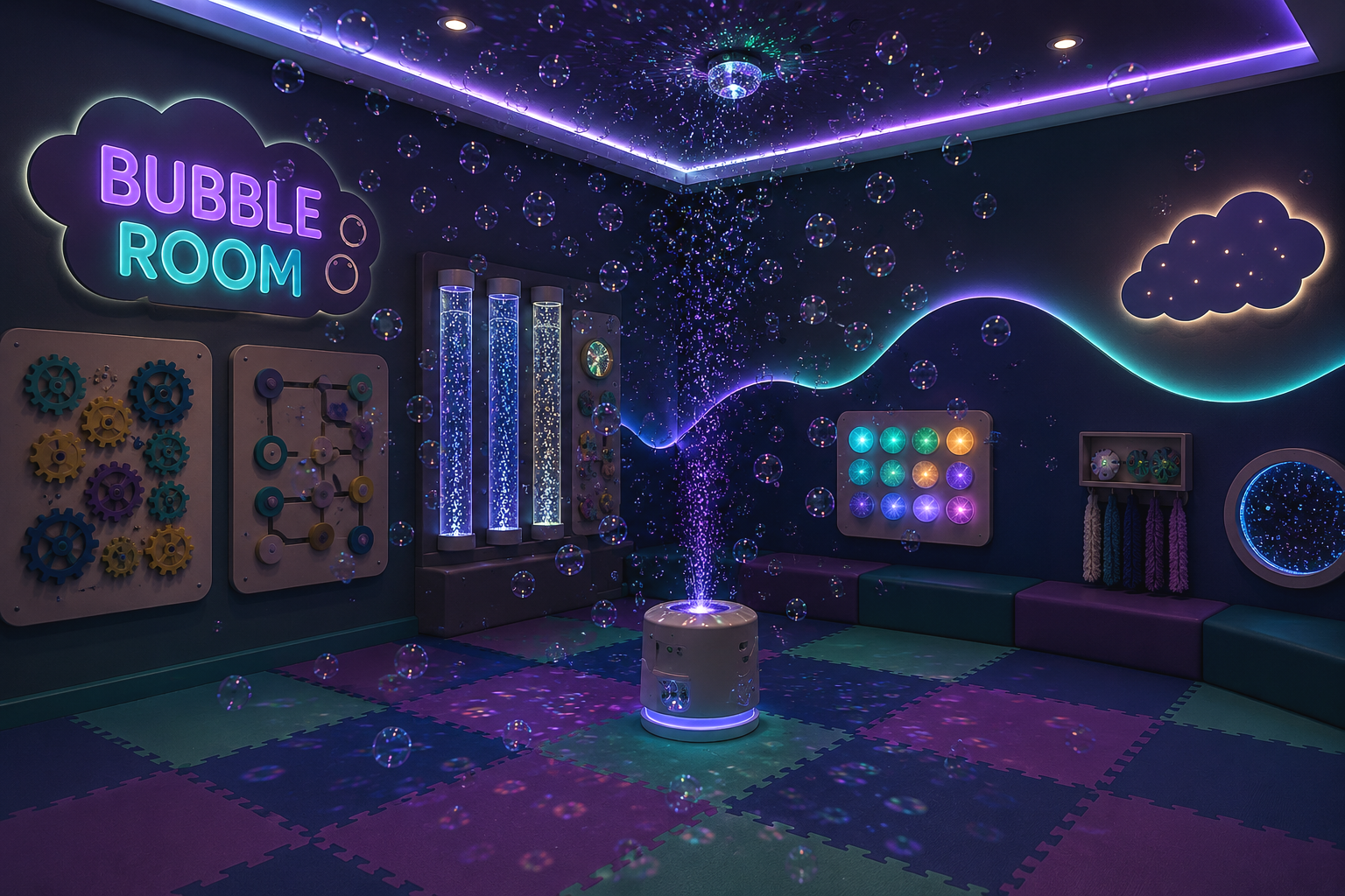 A colorful room called Bubble Room with neon lights, bubble effects, and wall decorations including clouds and gears, creating a playful atmosphere.