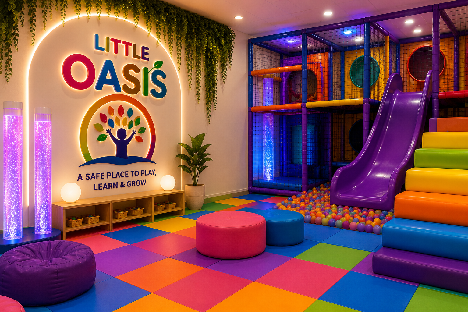 Colorful children's play area with a slide, ball pit, and padded floor tiles in bright rainbow colors. There is a sign on the wall that reads 'Little Oasis' and 'A safe place to play, learn & grow', decorated with green hanging plants and a shelf with baskets.