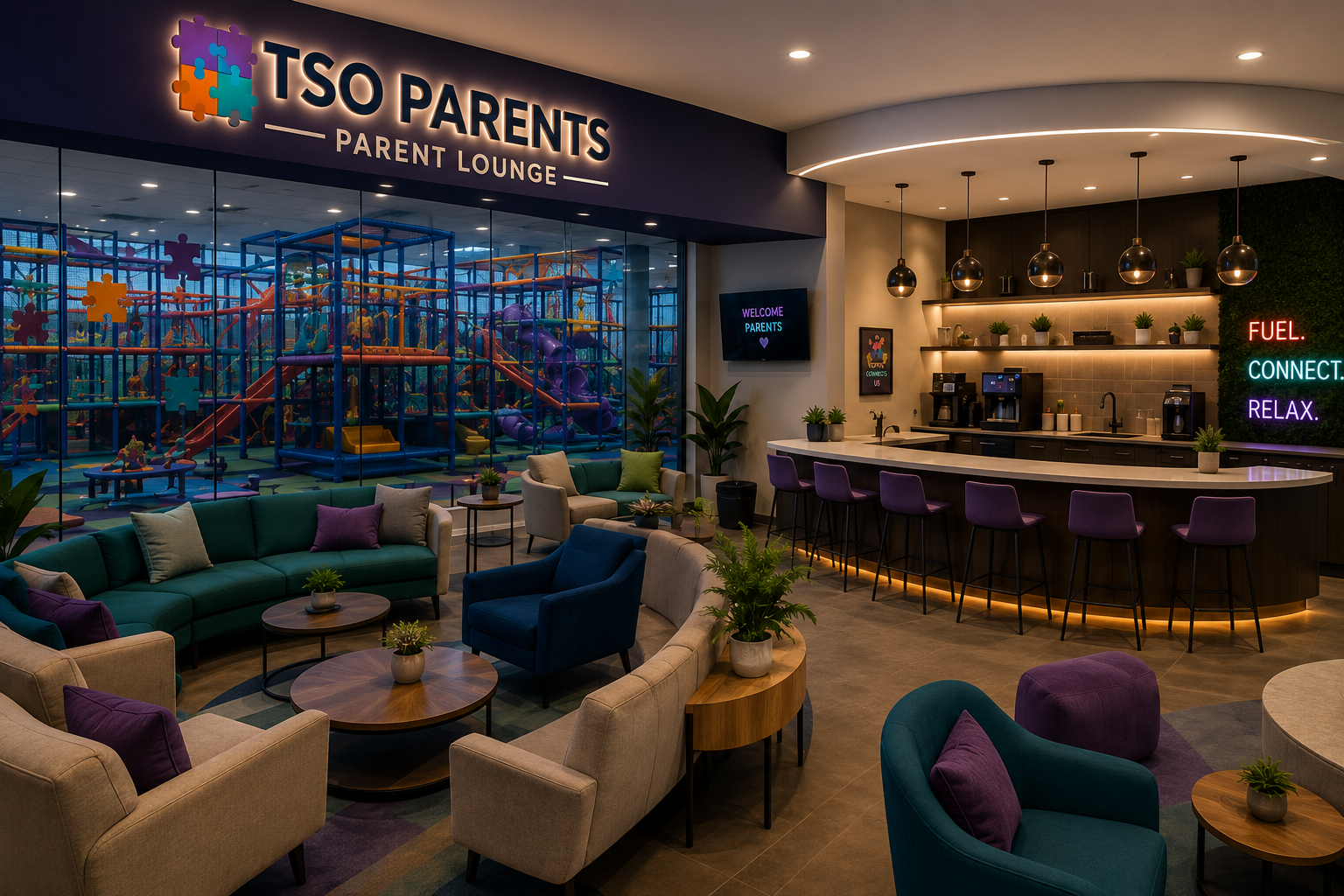Indoor lounge area with colorful seating, small tables, and potted plants in front of a glass wall revealing an indoor playground with climbing structures, slides, and puzzle piece decorations, and a counter with bar stools, coffee machines, and a neon sign reading "FUEL. CONNECT. RELAX."