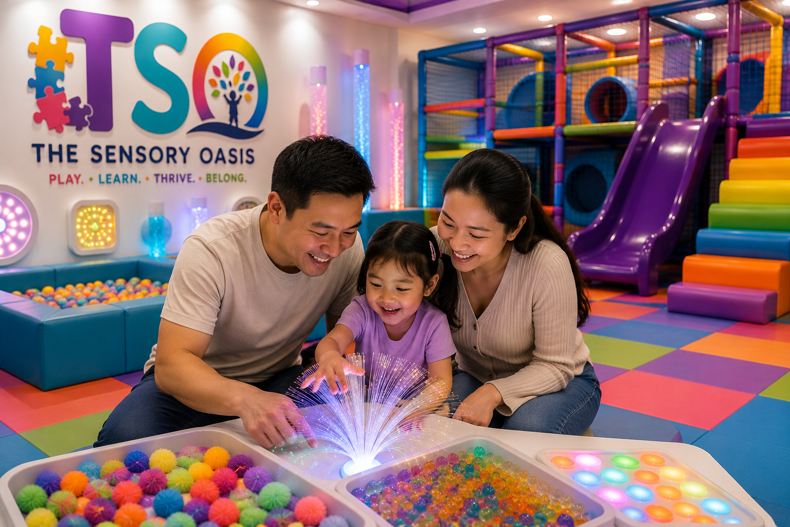 A happy family of two parents and a young girl playing with colorful sensory toys at The Sensory Oasis indoor playground. The background features a purple slide, climbing structures, and a wall with the logo and words 'PLAY. LEARN. THRIVE. BELONG.' in bright colors.