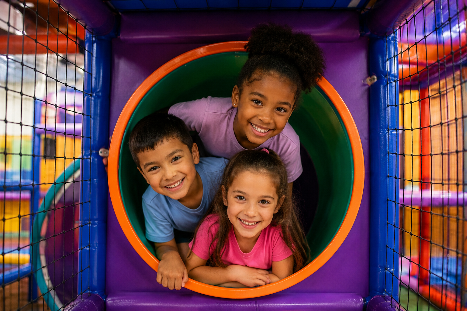Three children smiling and playing inside a colorful indoor playground tunnel.