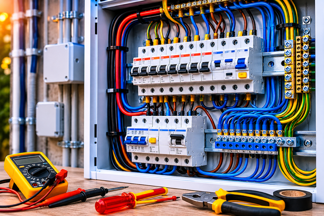 Electrical panel with wiring, switches, and circuit breakers, with tools like a multimeter, screwdriver, and wire cutter in the foreground.