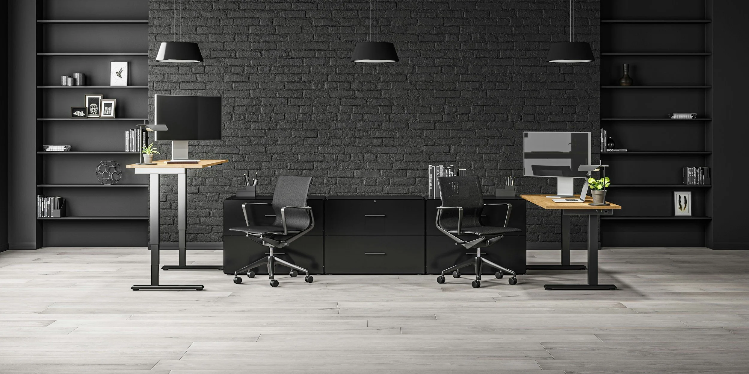 Modern office with two desks, black brick wall, shelves with books and decor, and two black office chairs.