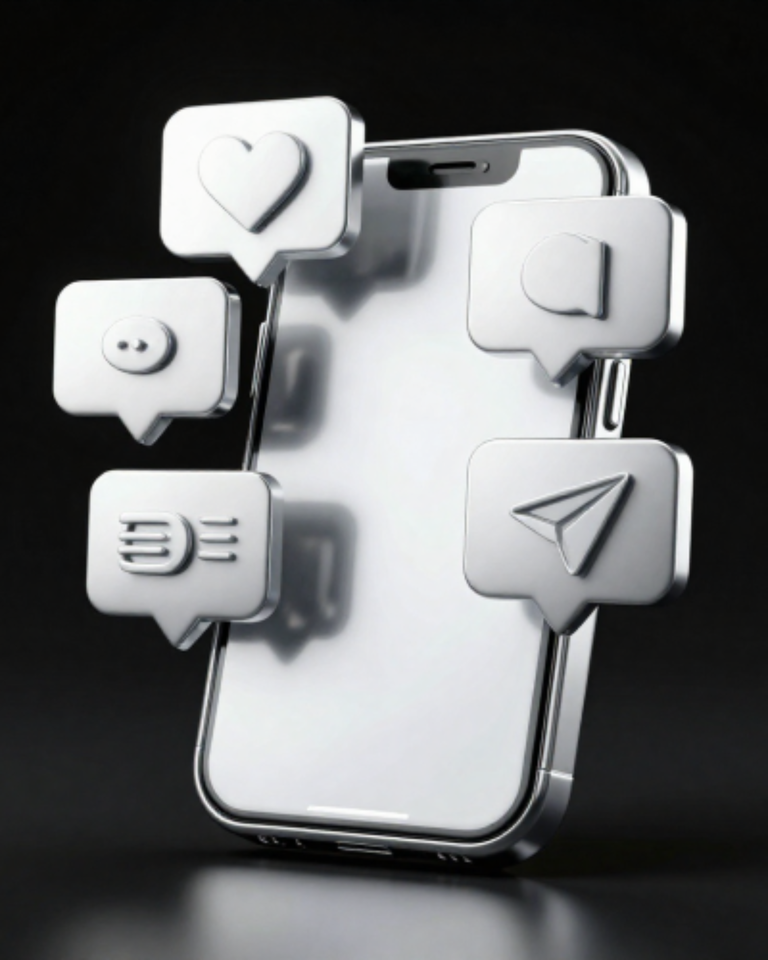 Close-up of a smartphone with metallic emoticon icons on the screen, including a heart and a paper plane, on a black background.