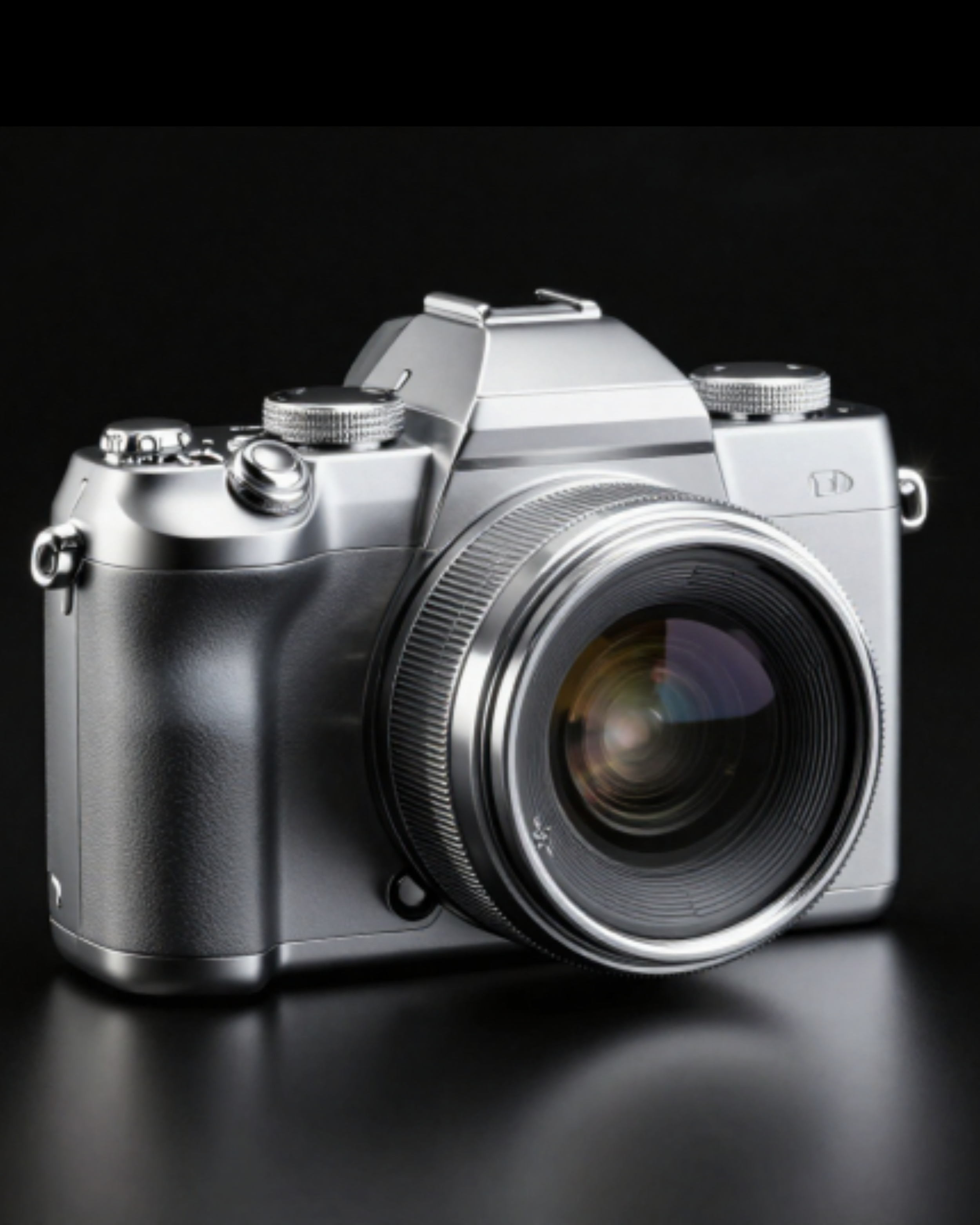 Silver digital camera with a textured grip on a black background.