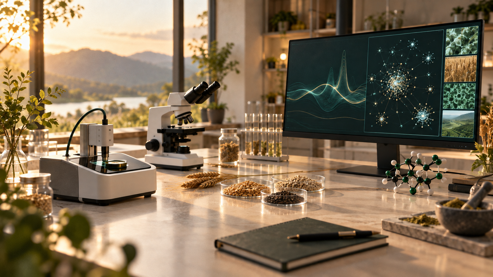 Warm laboratory still life connecting microscopy, sensing, molecular science, data analysis, and grain research.
