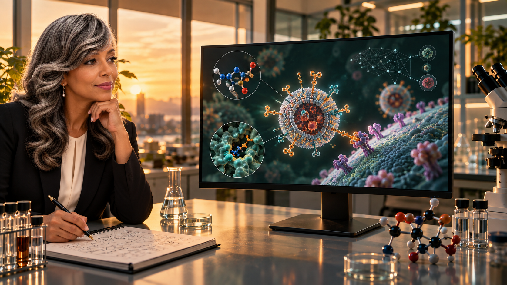 Concept image inspired by Dr. Kim Andrews reviewing an AI-guided targeted drug-delivery model in a laboratory.