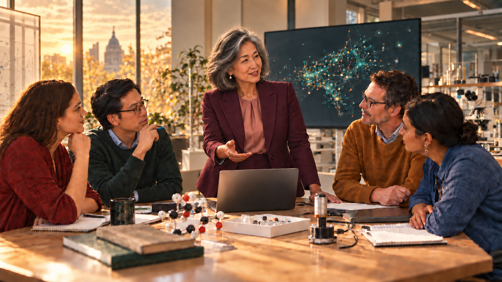 Concept image of a diverse university faculty workshop on AI and scientific strategy led by an experienced Chinese scientist.