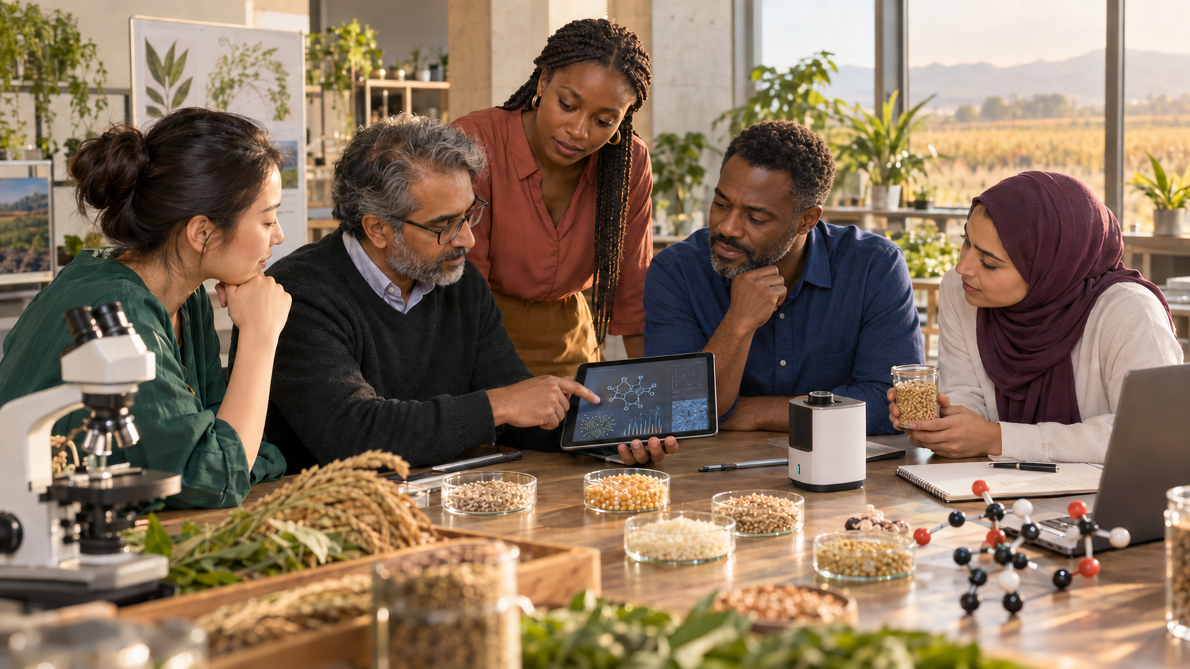 Concept image of a diverse interdisciplinary research team reviewing AI, molecular, and grain-sensing data.