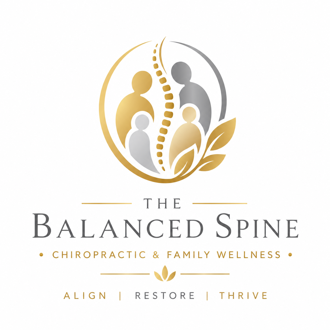 Logo for The Balanced Spine Chiropractic and Family Wellness featuring a stylized spine and leaves, with the tagline 'Align, Restore, Thrive'.