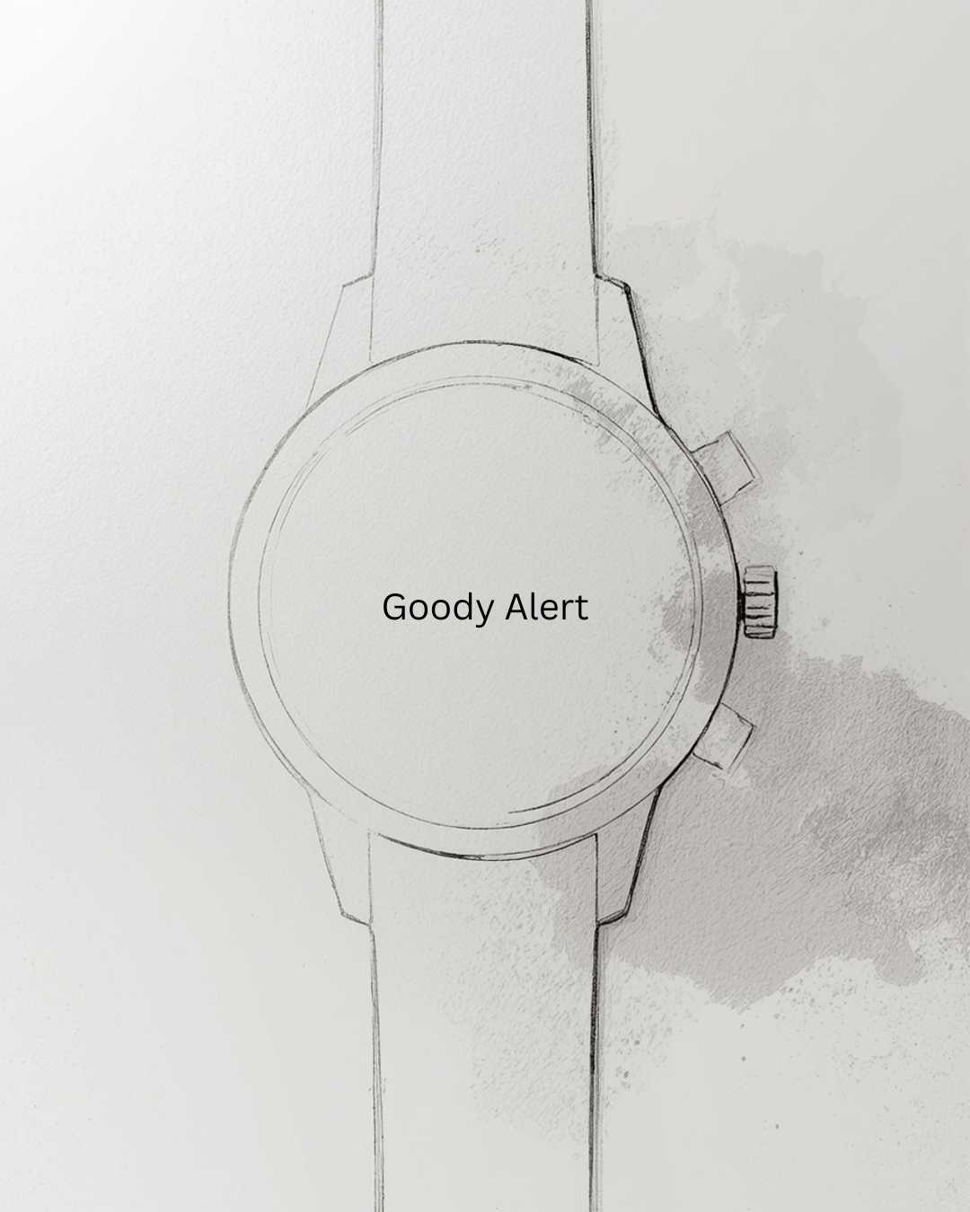 Sketch of a lifestyle wristwatch with the words 'Goody Alert' on the watch face.