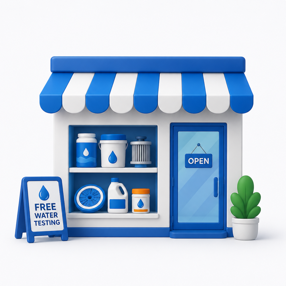 A small storefront with a blue and white striped awning, a glass door with an "OPEN" sign, and a sign outside advertising free water testing. The storefront displays bottles, containers, and equipment related to water testing and treatment, and there is a potted plant to the right of the door.
