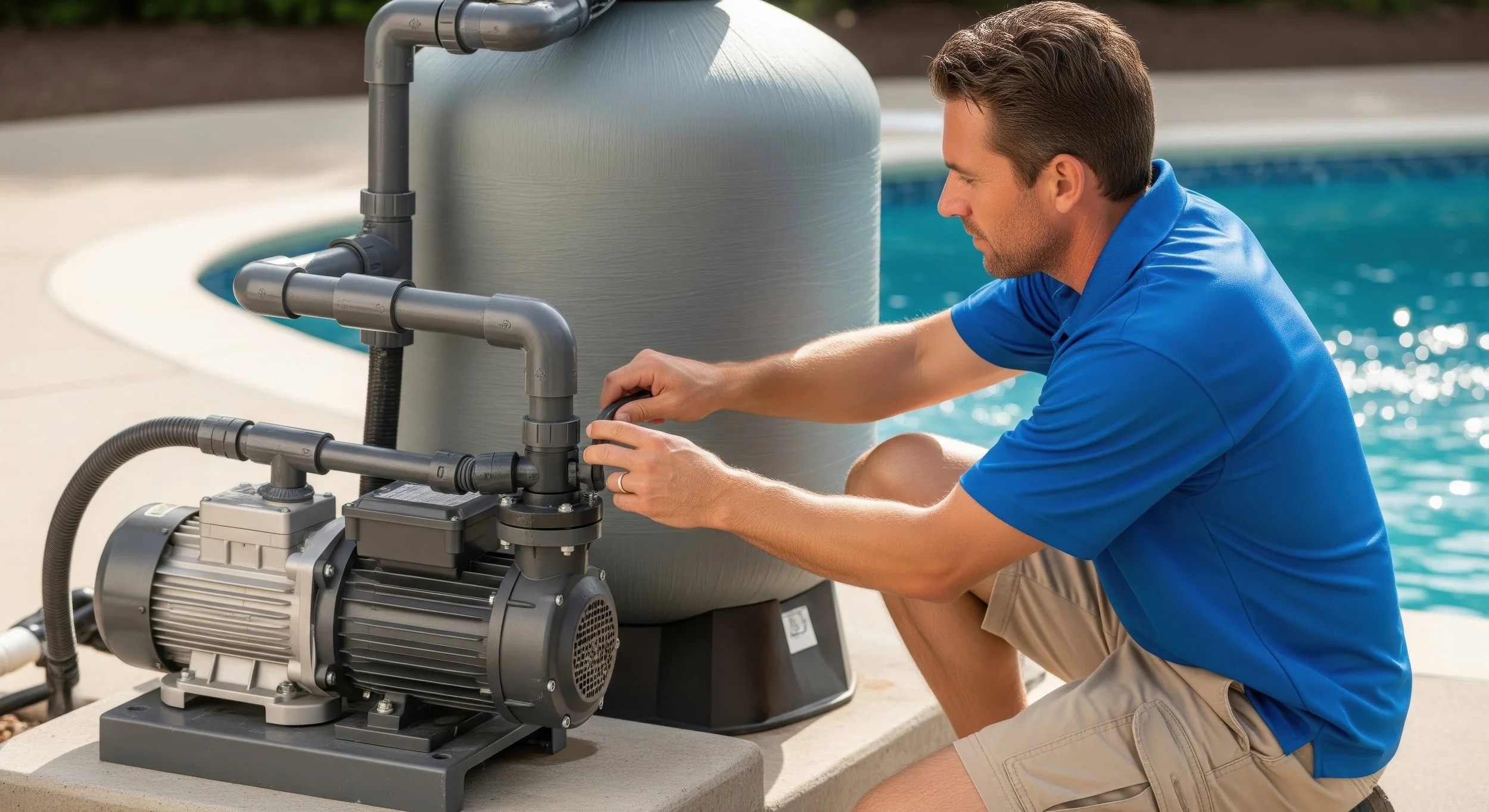 A man in a blue shirt kneeling next to a pool, working on a pool pump system outdoors.