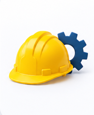 Yellow construction helmet with a blue gear behind it.