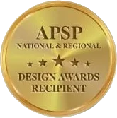 Gold medallion with text 'APSP National & Regional Design Awards Recipient' and three stars.