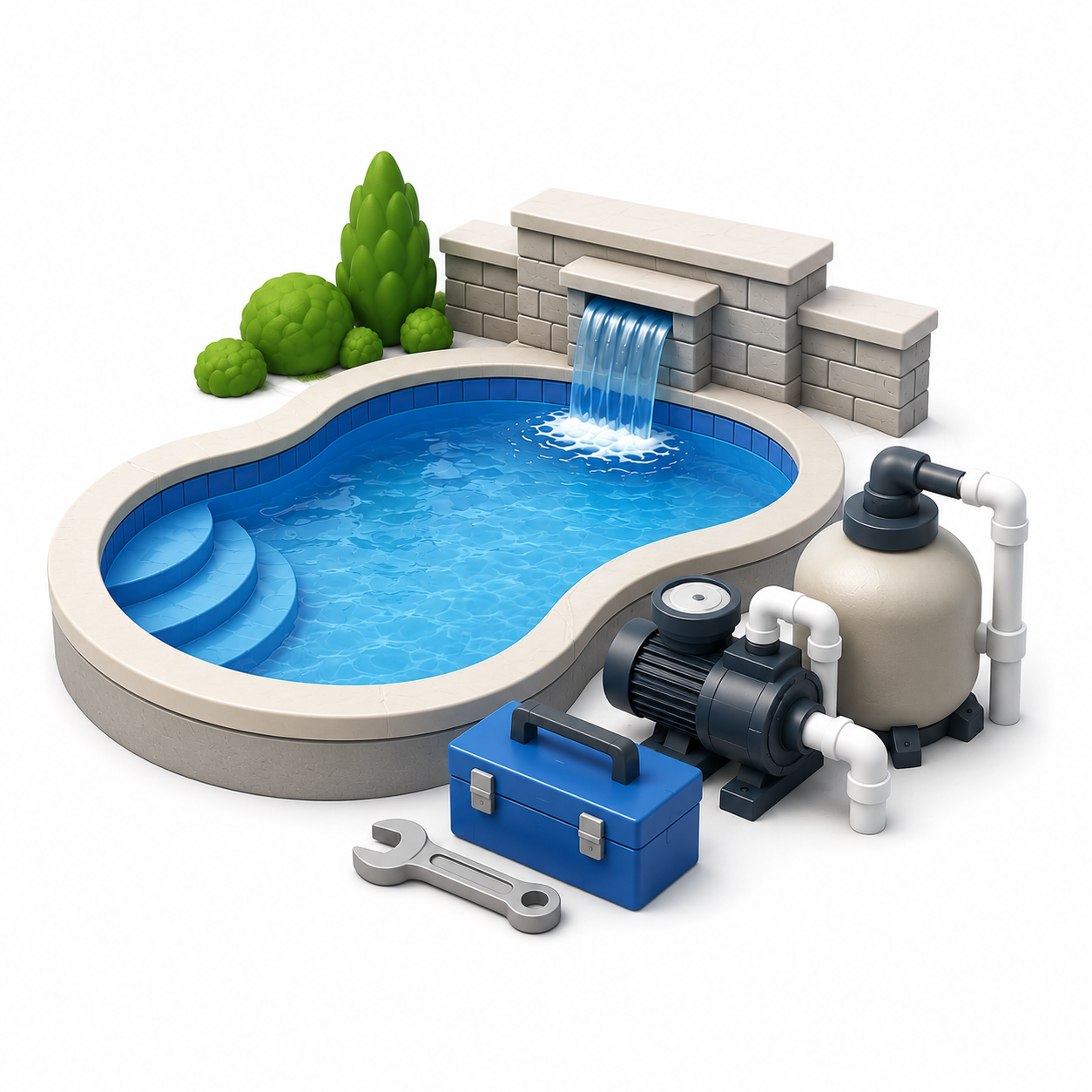 A small backyard pool with a waterfall feature, surrounded by green bushes, with a pool pump, filter, and a wrench in front.