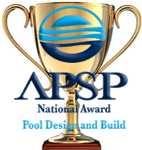 A gold trophy with blue accents and the EPA logo on it, with the words 'APSP National Award Pool Design and Build' beneath.
