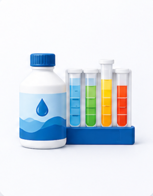 A white bottle with a blue cap and water droplet label next to four test tubes filled with colorful liquids in a test tube rack.