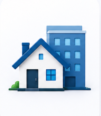 Illustration of a white house with a blue roof and a blue door in front of a taller blue building, with small green bushes nearby.