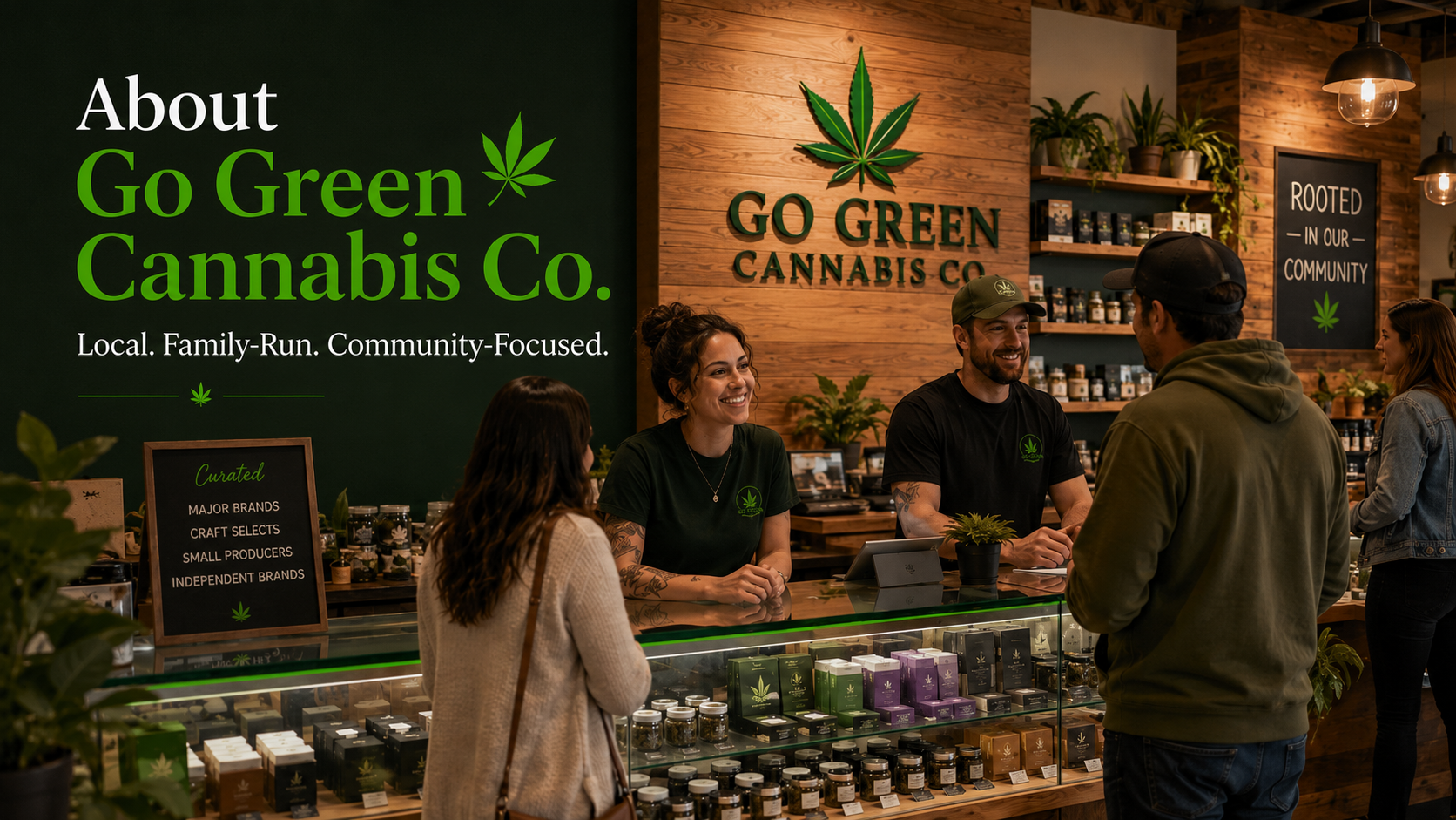 People shopping at a cannabis store with a green and wooden interior. Staff members behind the counter assist customers, and shelves display various cannabis products. Large signage promotes Go Green Cannabis Co.