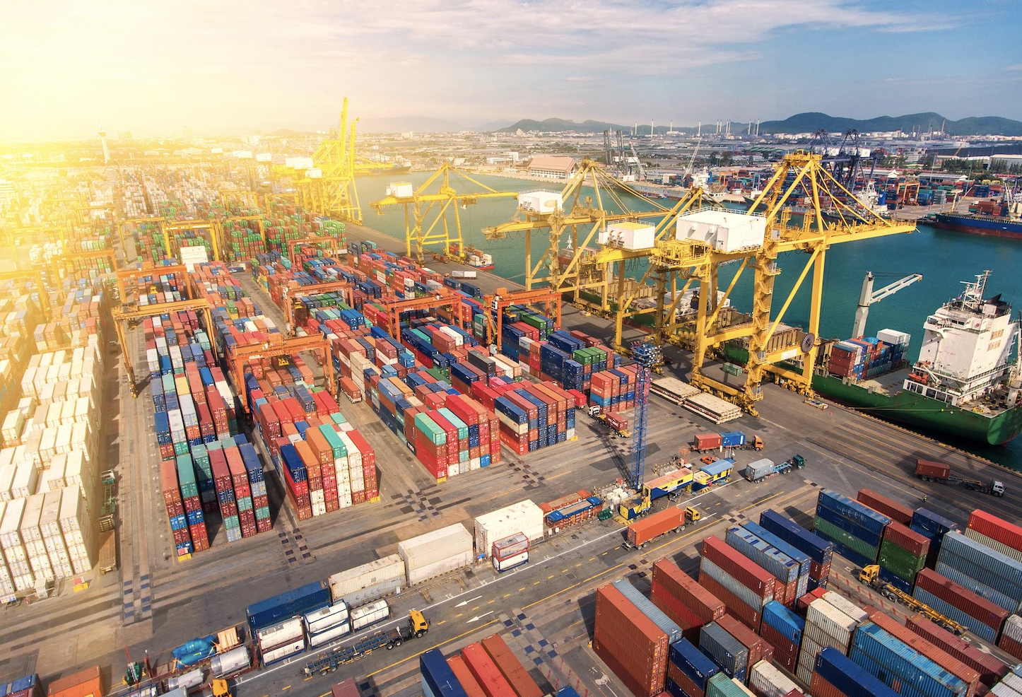A busy port with numerous shipping containers, large yellow cranes, and industrial ships docked by the water, with mountains in the background under a partly cloudy sky.