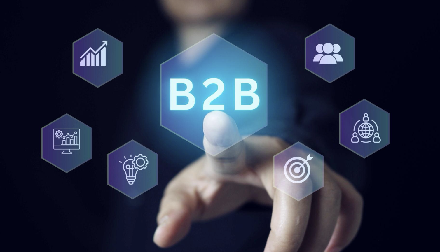 A person touching a virtual screen with icons representing business-to-business (B2B) concepts, including growth, team, analytics, innovation, target, and global connections.