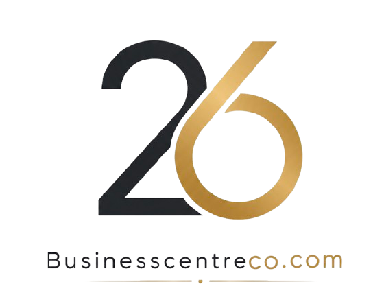 Logo for Businesscentreco.com featuring the number 26 with black and gold colors.