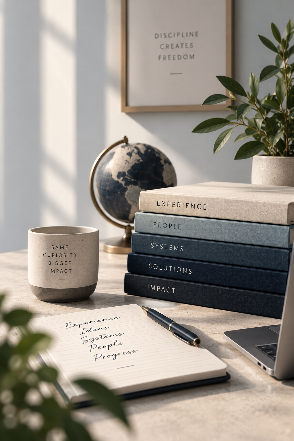 Office workspace with a globe, potted plant, stacked books labeled 'Experience,' 'People,' 'Systems,' 'Solutions,' and 'Impact,' a cup with the words 'Same curiosity bigger impact,' a notebook with handwritten words, and a pen.
