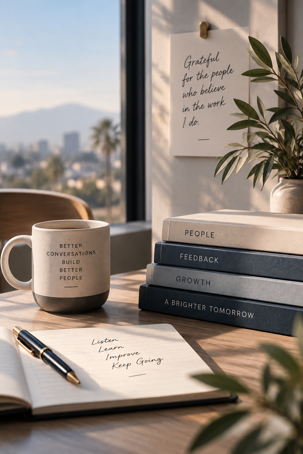 A desk with a notebook that has the words "Listen, Learn, Improve, Keep Going" written on it, a pen, a stack of books titled "People," "Feedback," "Growth," and "A Brighter Tomorrow," a mug with the phrase "Better Conversations Build Better People," a potted plant, and a white paper with a motivational quote on the wall that reads "Grateful for the people who believe in the work I do." in front of a window showing a cityscape with mountains and palm trees.
