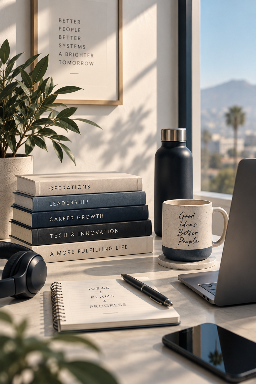 A well-organized workspace with a stack of notebooks labeled 'Operations,' 'Leadership,' 'Career Growth,' 'Tech & Innovation,' and 'A More Fulfilling Life,' a potted plant, a black water bottle, a coffee mug with the text 'Good Ideas Better People,' a notebook open with 'Ideas, Plans, Progress,' a black pen, headphones, a smartphone, and a laptop, with a large window showing a city view with mountains and palm trees in the background.