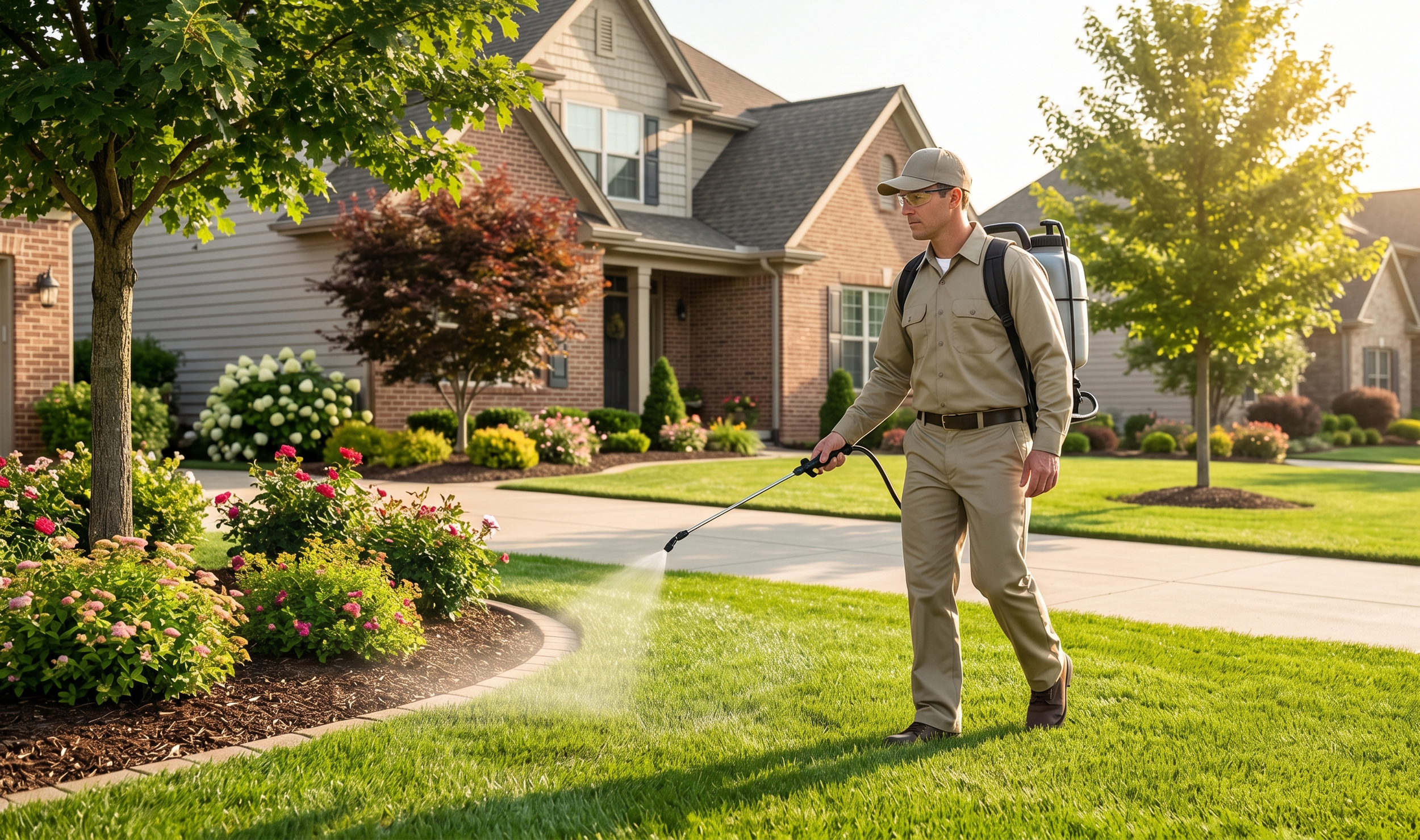 A man in beige clothing with a backpack and safety glasses using a sprayer to water flowers in a landscaped front yard of a suburban house during daytime.