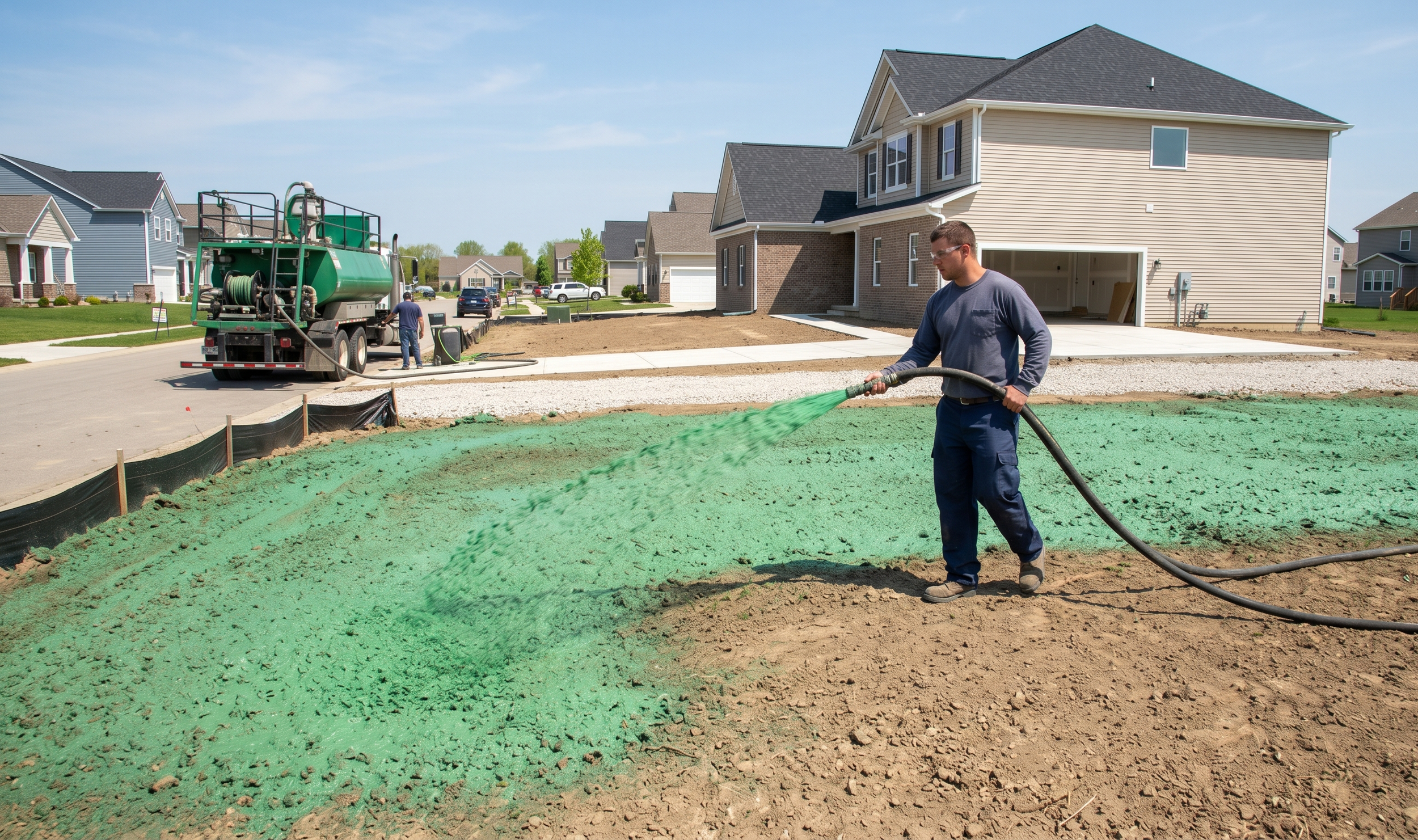 Man watering a green substance spread on a yard in front of a new house under construction, with construction equipment and other houses in the background.