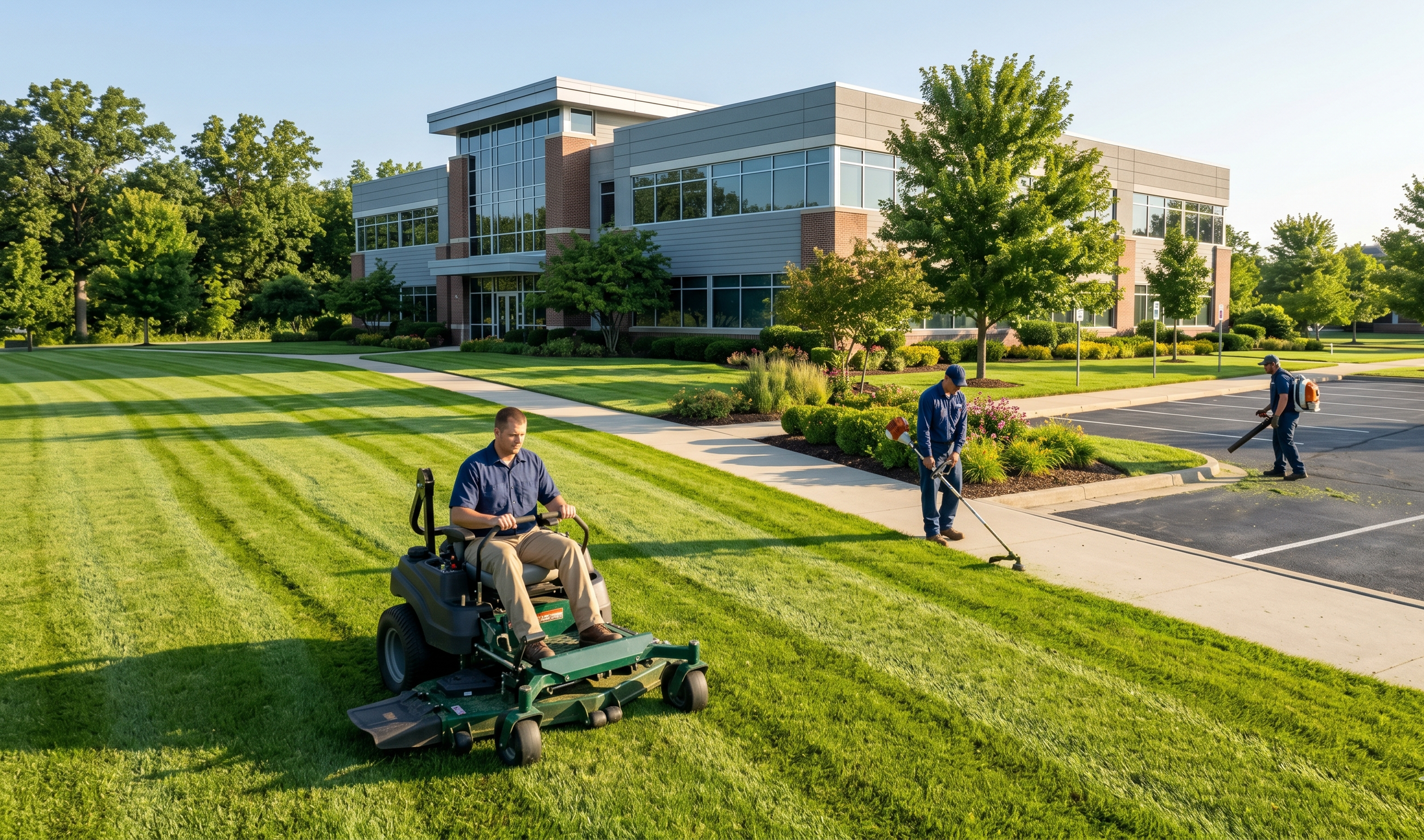 People maintaining a green lawn outside a modern office building, with one person operating a riding mower, two others trimming bushes, and one blowing debris in a parking lot.