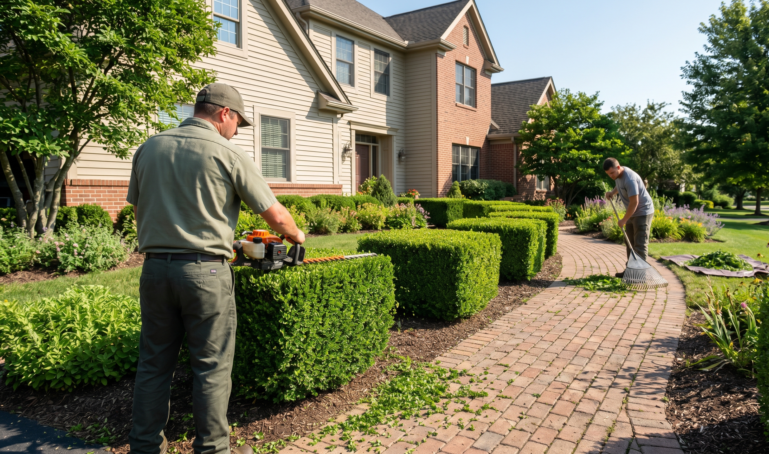 Two men maintaining a landscaped garden in front of a house with beige siding and brick accents. One man is using a string trimmer and the other is using a leaf rake.