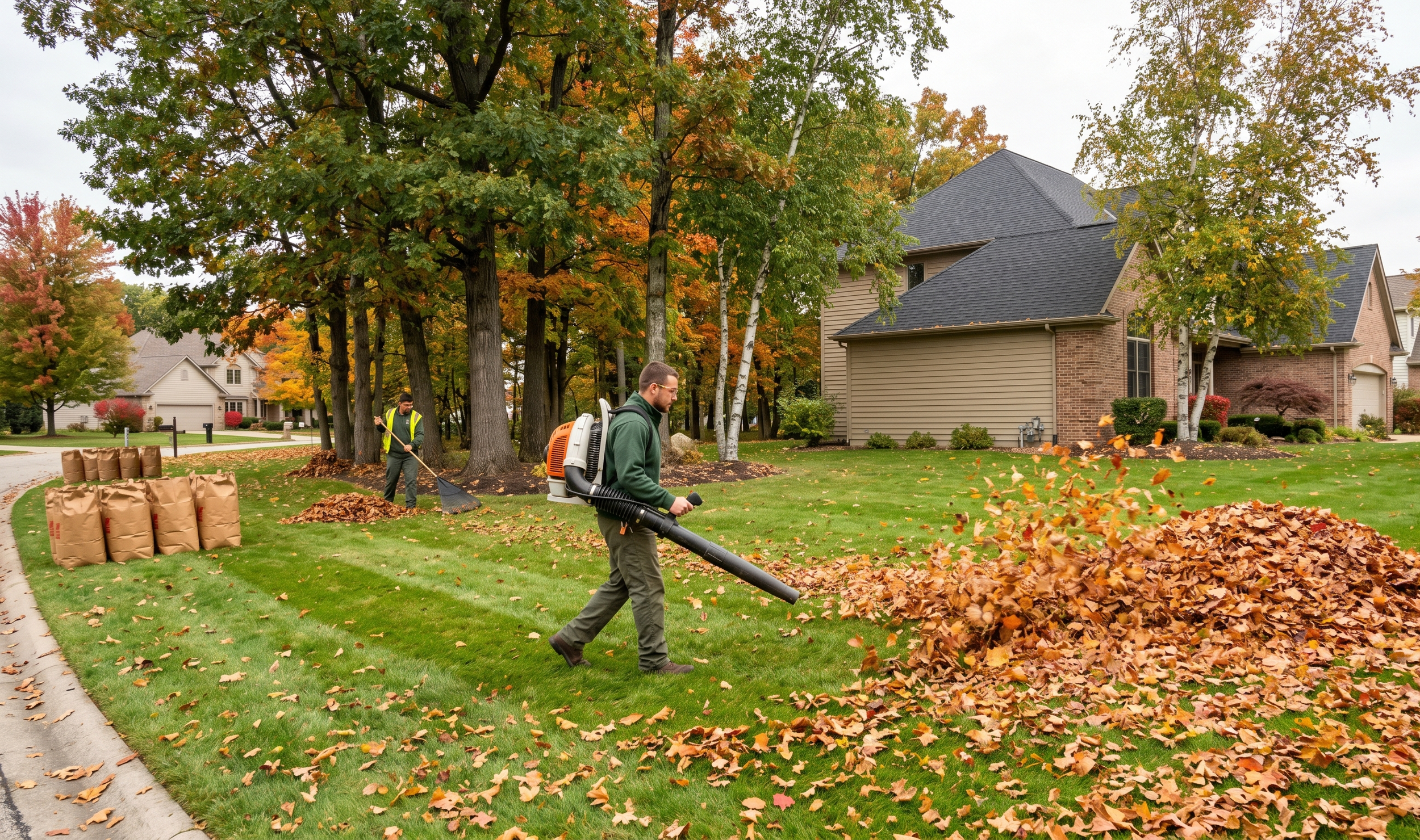 Two men are cleaning fallen autumn leaves from a well-maintained front yard of a suburban house. One man is using a leaf blower to gather leaves into a pile, while the other man is raking leaves. There are large brown paper yard waste bags nearby. The yard has green grass, several trees with colorful fall foliage, and a brick house with a sloped roof in the background.