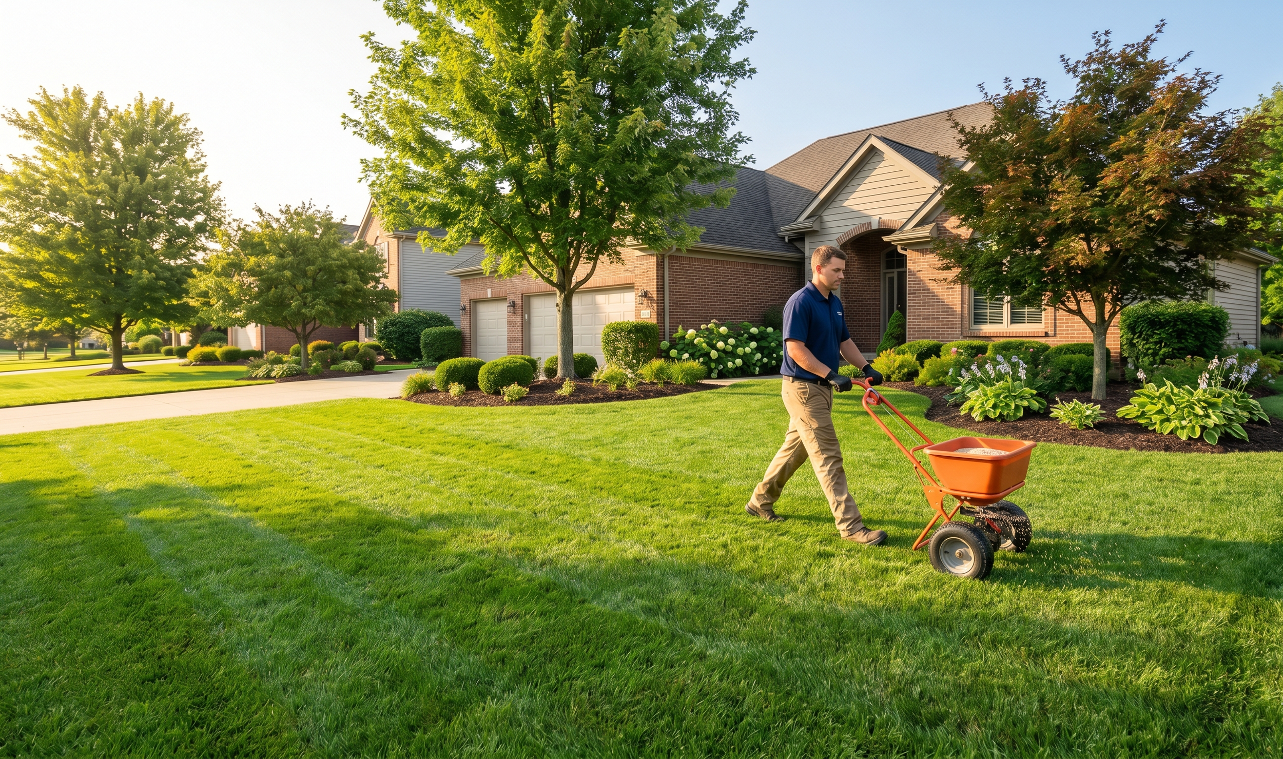 A man in a blue shirt and khaki pants is spreading fertilizer or seeds on a well-maintained lawn using a tiller or spreader, with a house and neatly landscaped yard in the background.