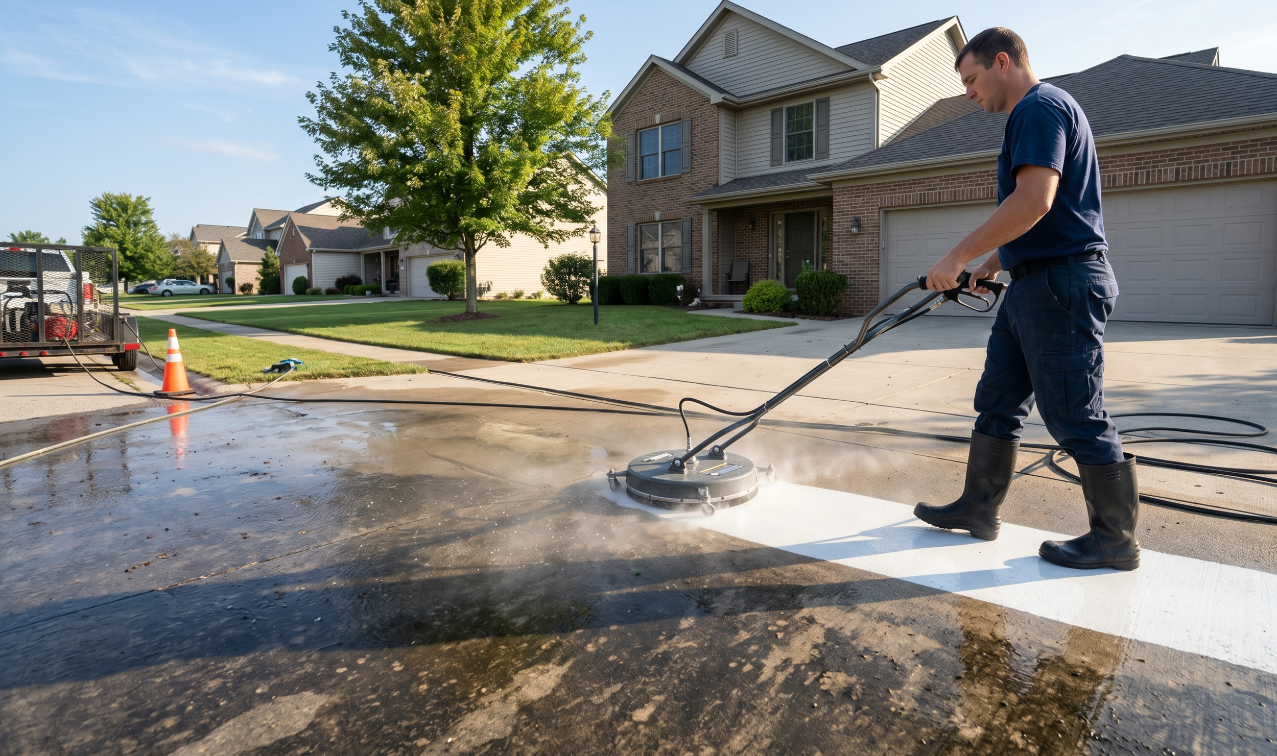 A man in navy shirt, pants, and rubber boots cleans a concrete driveway with a pressure washer, water and soap spraying from the device, in a suburban neighborhood with houses, green lawns, and trees.