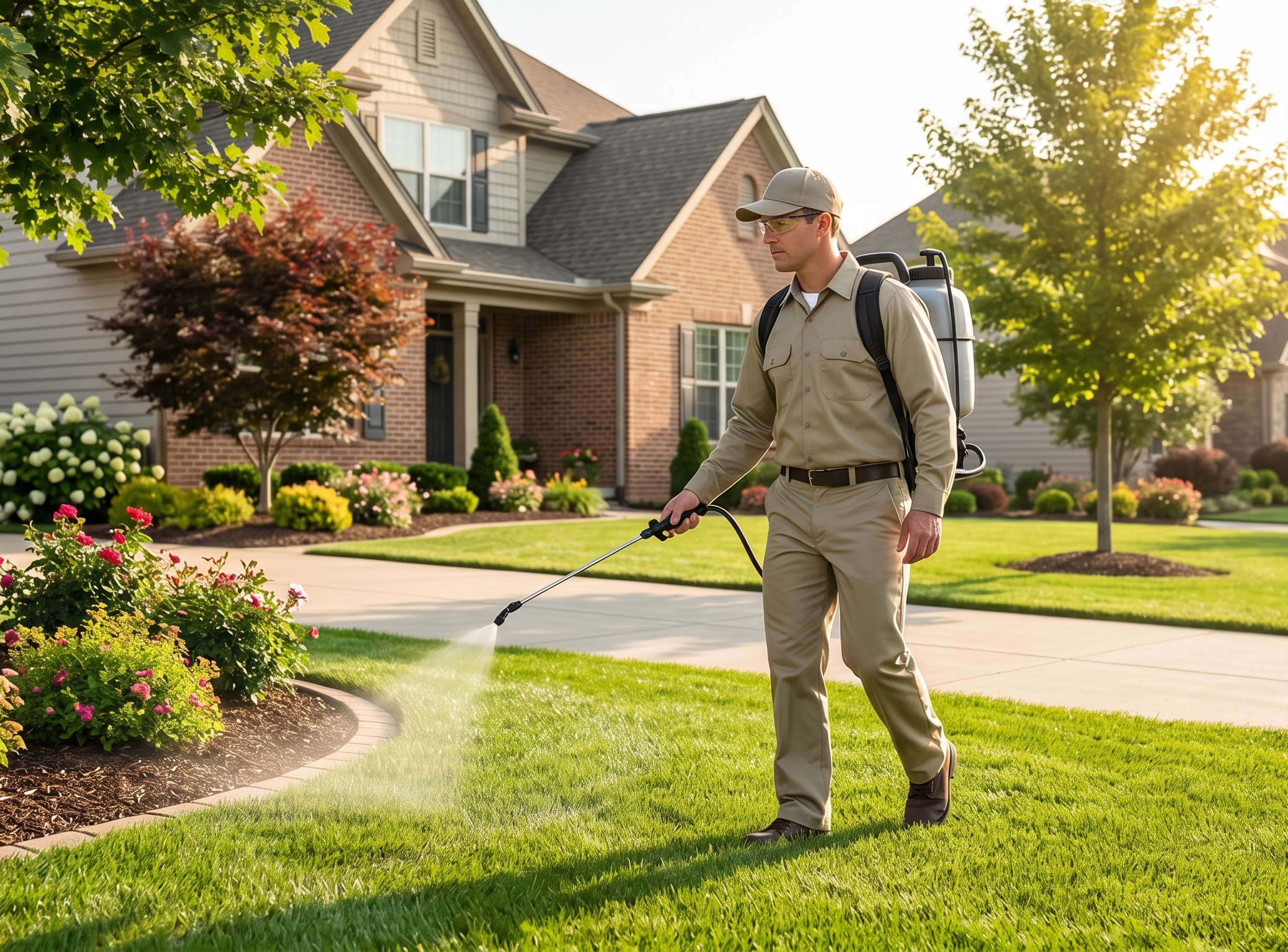 A man wearing protective glasses and a beige uniform walks across a well-manicured lawn, spraying insecticide around a flower bed in a suburban neighborhood during daylight.