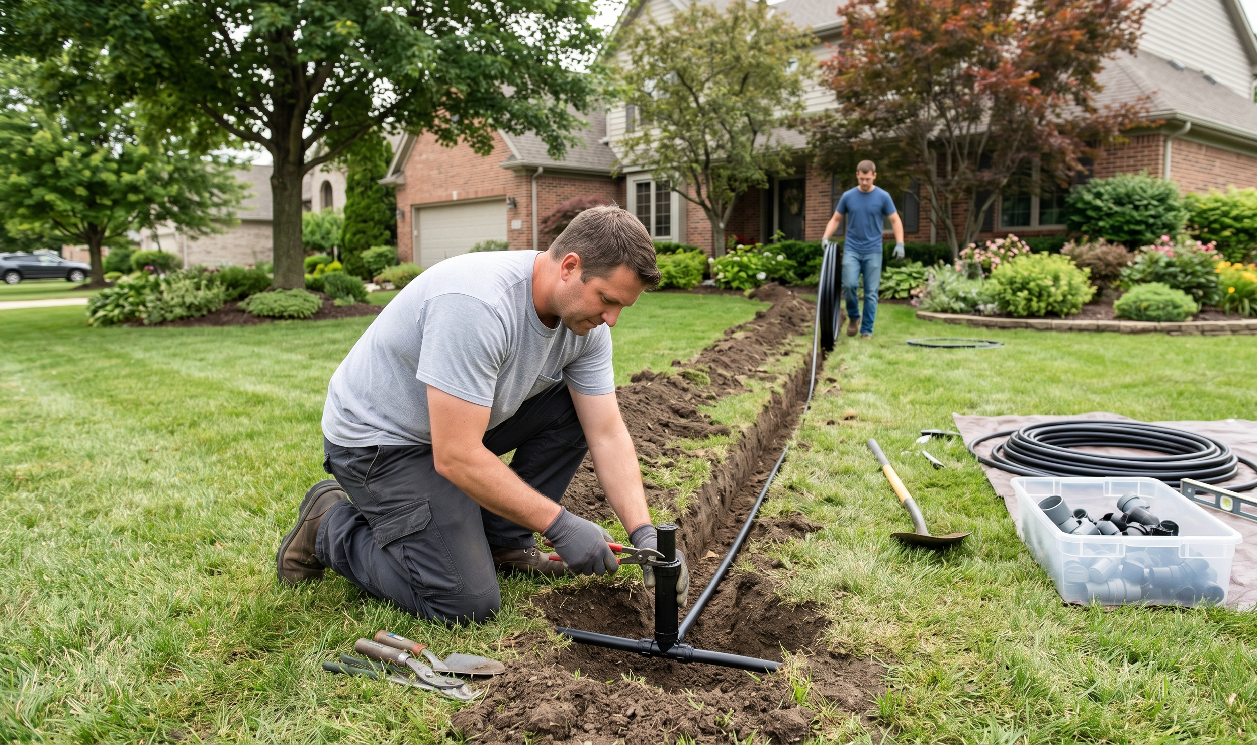 Two men are planting a garden in the front yard of a house. One man is kneeling and using a tool, while the other is walking nearby with equipment. The yard is well-maintained with trees, bushes, and flowers, and tools and supplies are on the grass.