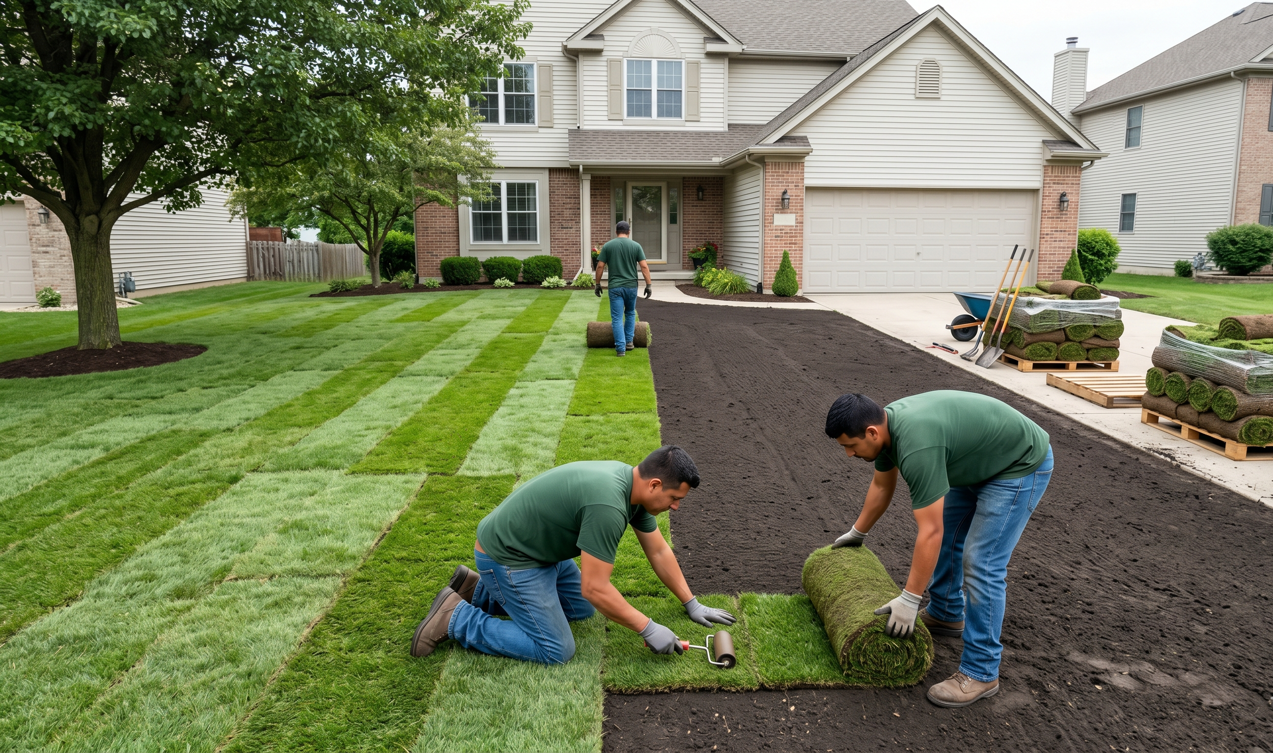 Workers laying down sod in the yard of a suburban house.
