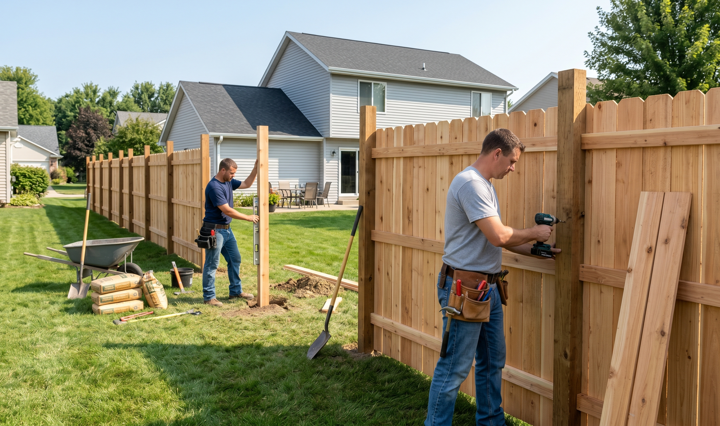 Two men are building a wooden fence in a backyard on a sunny day. One man is using a drill, and the other is handling a vertical fence post. There are tools, bags of cement, and a wheelbarrow on the grass nearby. A house with outdoor dining furniture is visible in the background.