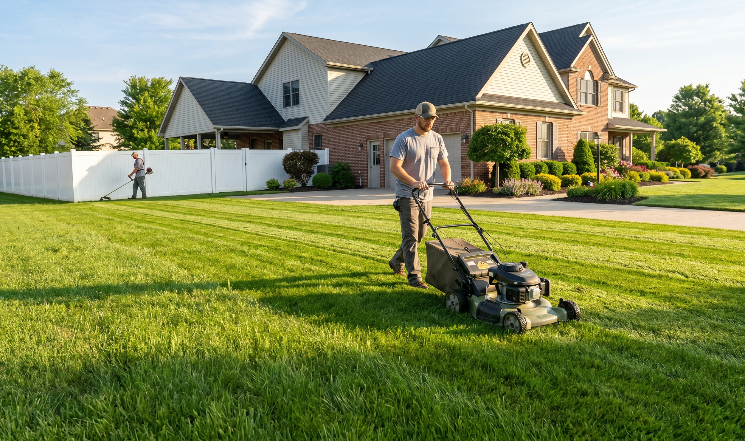 Two men mowing a lush green lawn in front of a large house with a well-manicured garden and a white fence, one man pushing a riding mower, the other using a string trimmer.