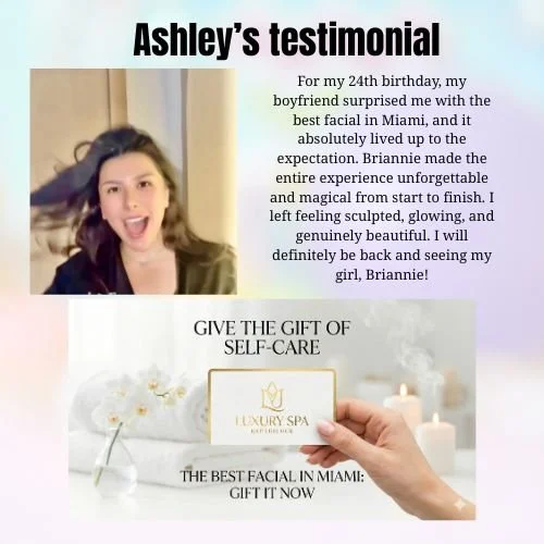 Ashley’s testimonial — a birthday surprise that became an unforgettable experience at Lux MedSpa Brickell. After receiving what she described as the Best Facial in Miami, she left feeling sculpted, glowing, and genuinely renewed. Our gift cards are a