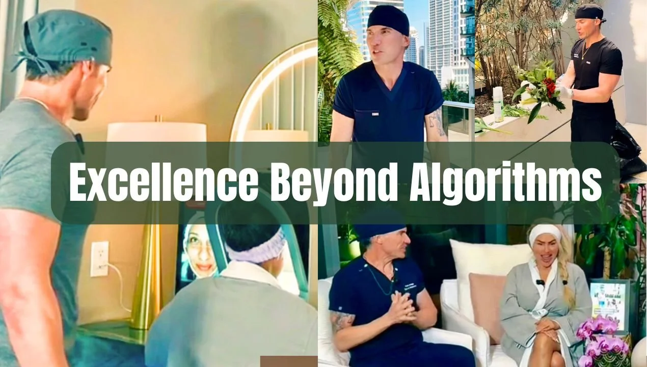 Excellence Beyond Algorithms” — a behind-the-scenes look at Founder Alan Araujo’s hands-on approach at Lux MedSpa Brickell. This collage captures his customer-experience philosophy, blending clinical precision, quiet-luxury hospitality, and transform